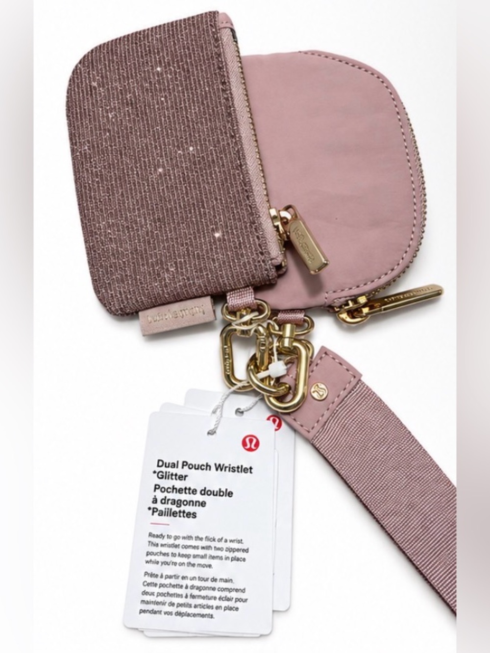 Lululemon Dual Pouch Wristlet Glitter Pink Mist Mink Gold NWT